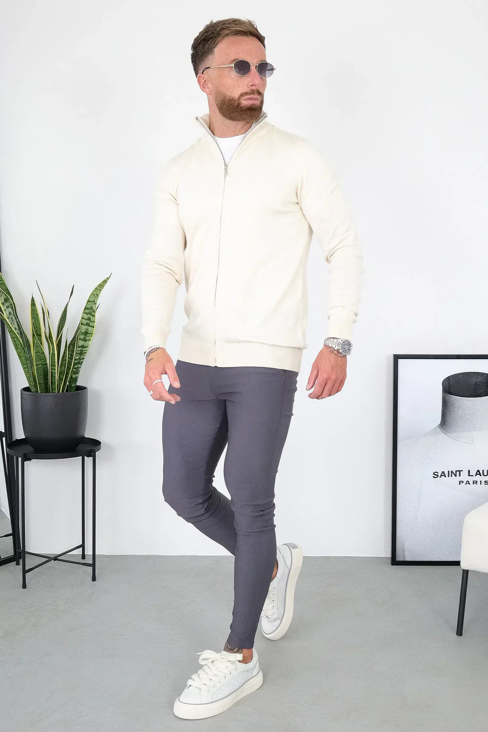 Men's Cream Full Zip Jumper