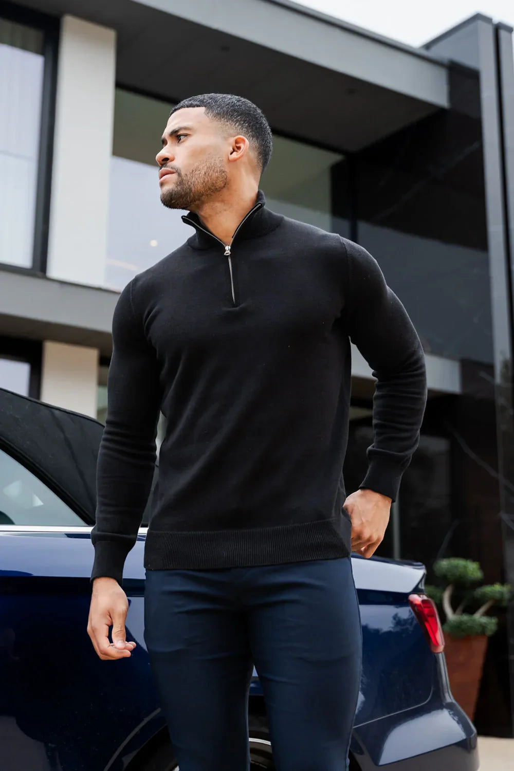 Men's Black Merino Zip Neck Jumper