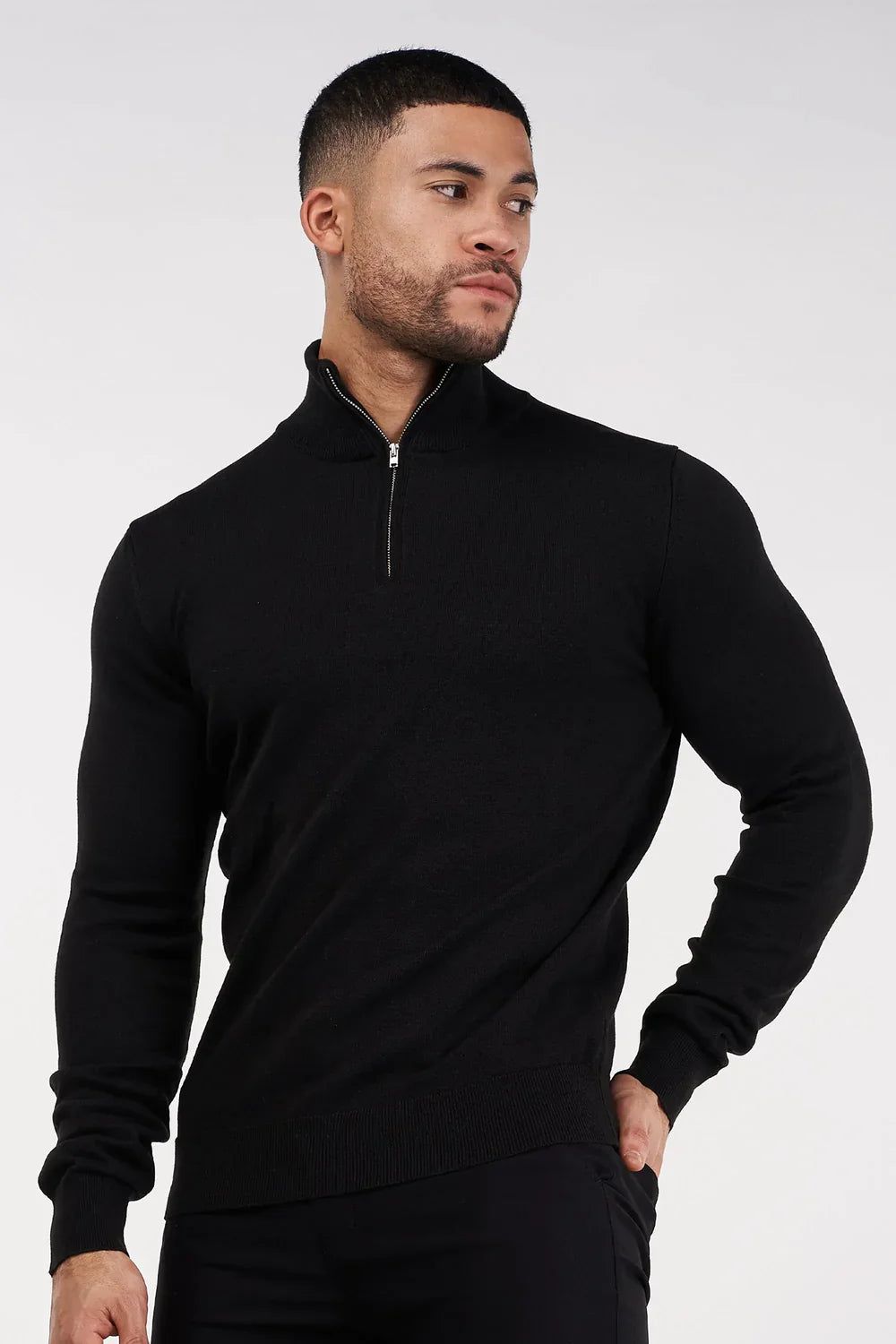 Men's Black Merino Zip Neck Jumper