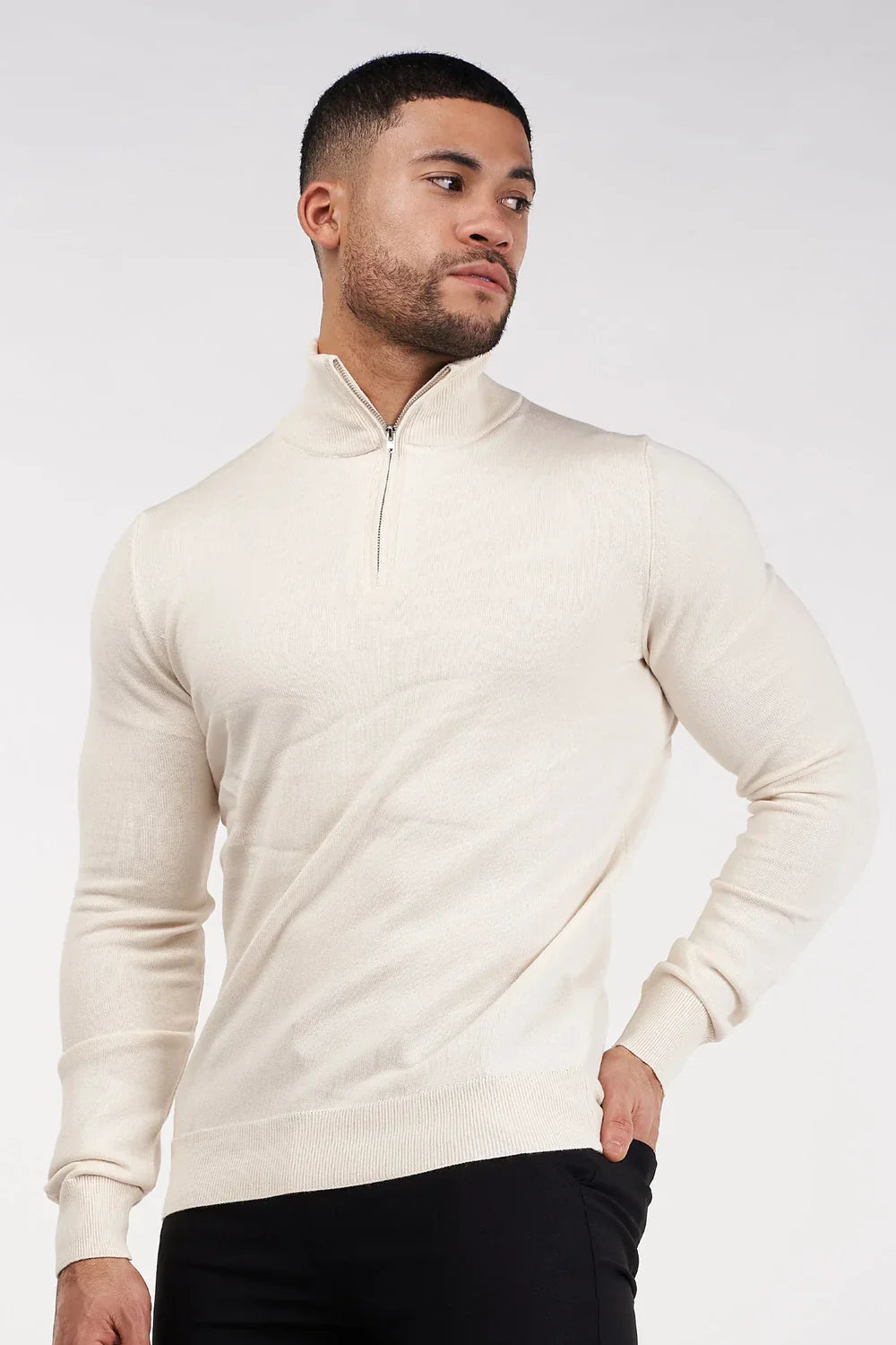 Men's Cream Merino Zip Neck Jumper