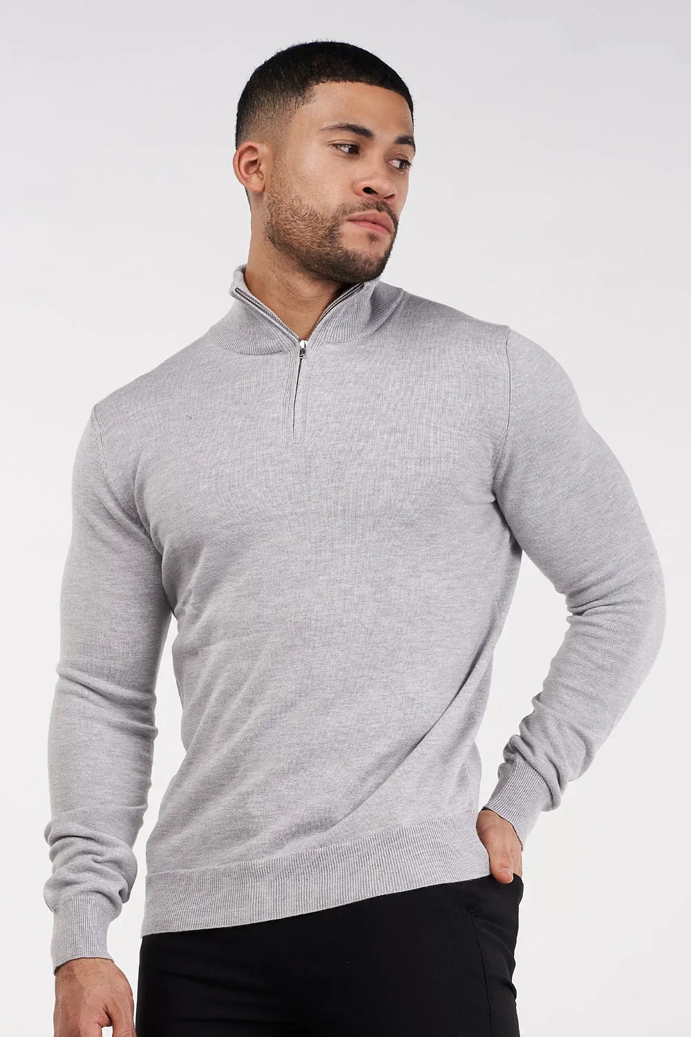 Mens Grey Merino Zip Neck Jumper