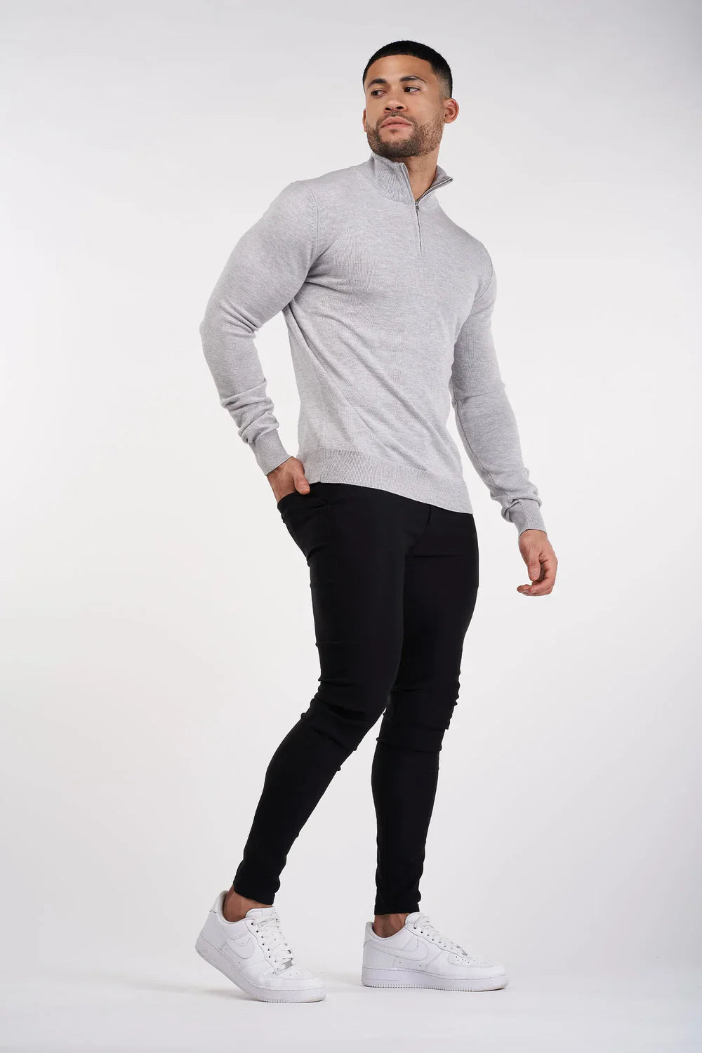 Mens Grey Merino Zip Neck Jumper