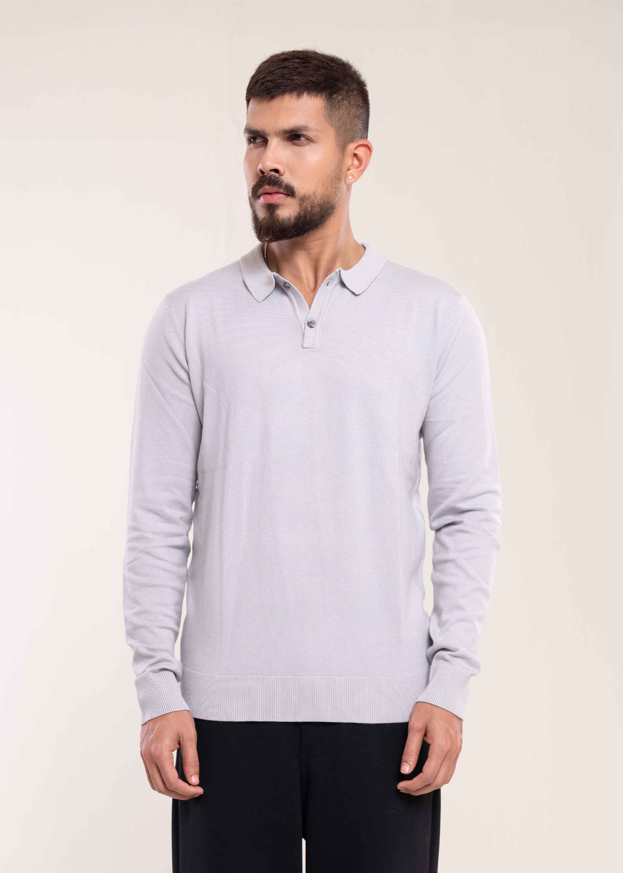 Mens Polo Jumper Long Sleeve Grey Polo Jumper - Lucca Menswear UK Main image