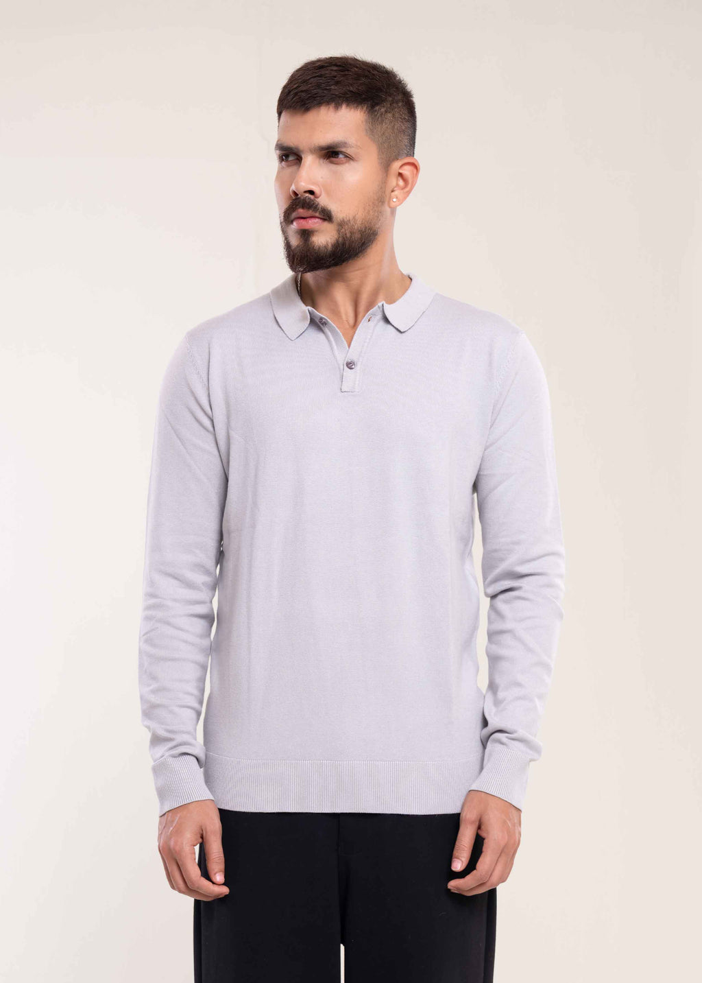 Mens Polo Jumper Long Sleeve Grey Polo Jumper - Lucca Menswear UK