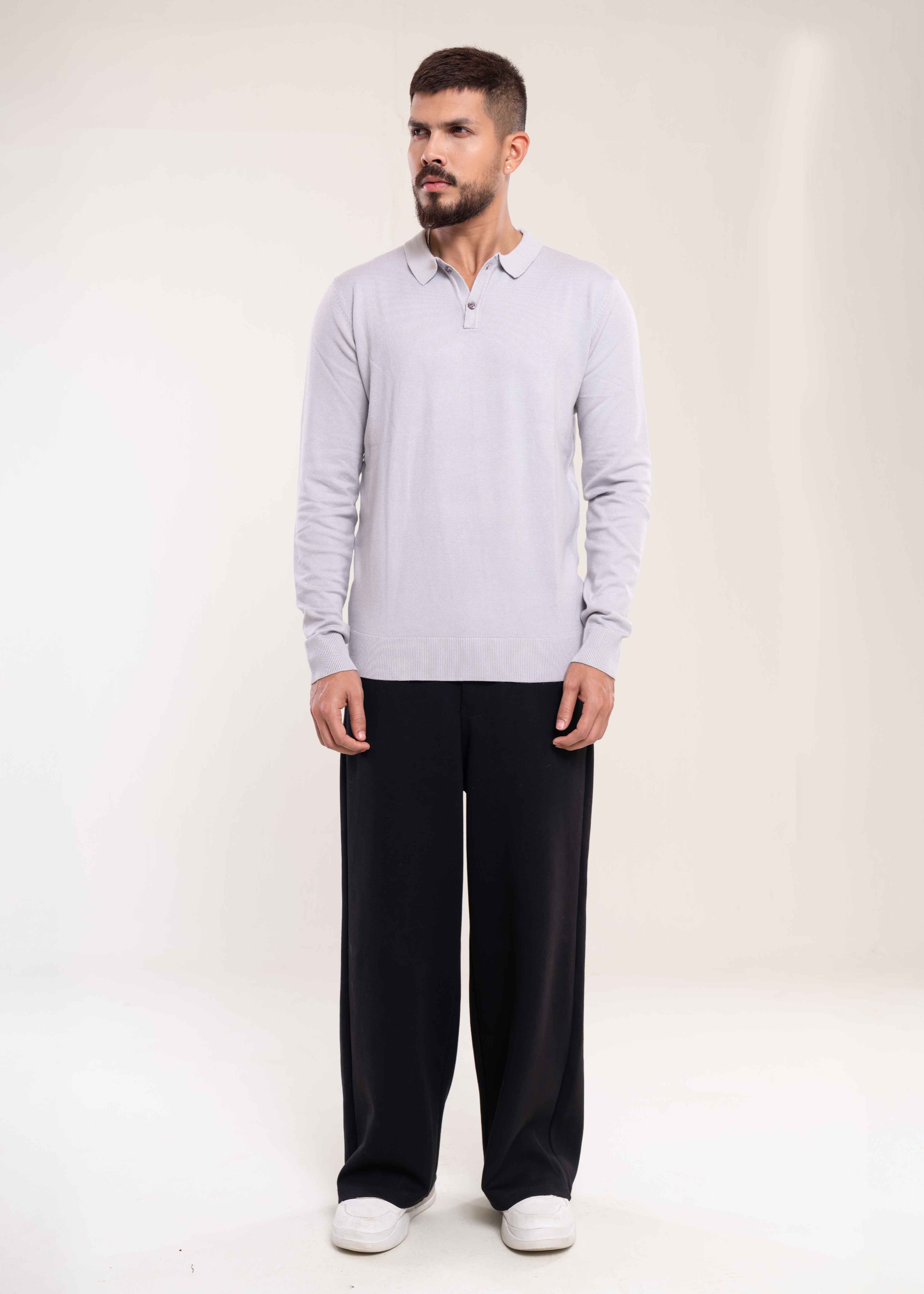 Mens Polo Jumper Long Sleeve Grey Polo Jumper - Lucca Menswear UK