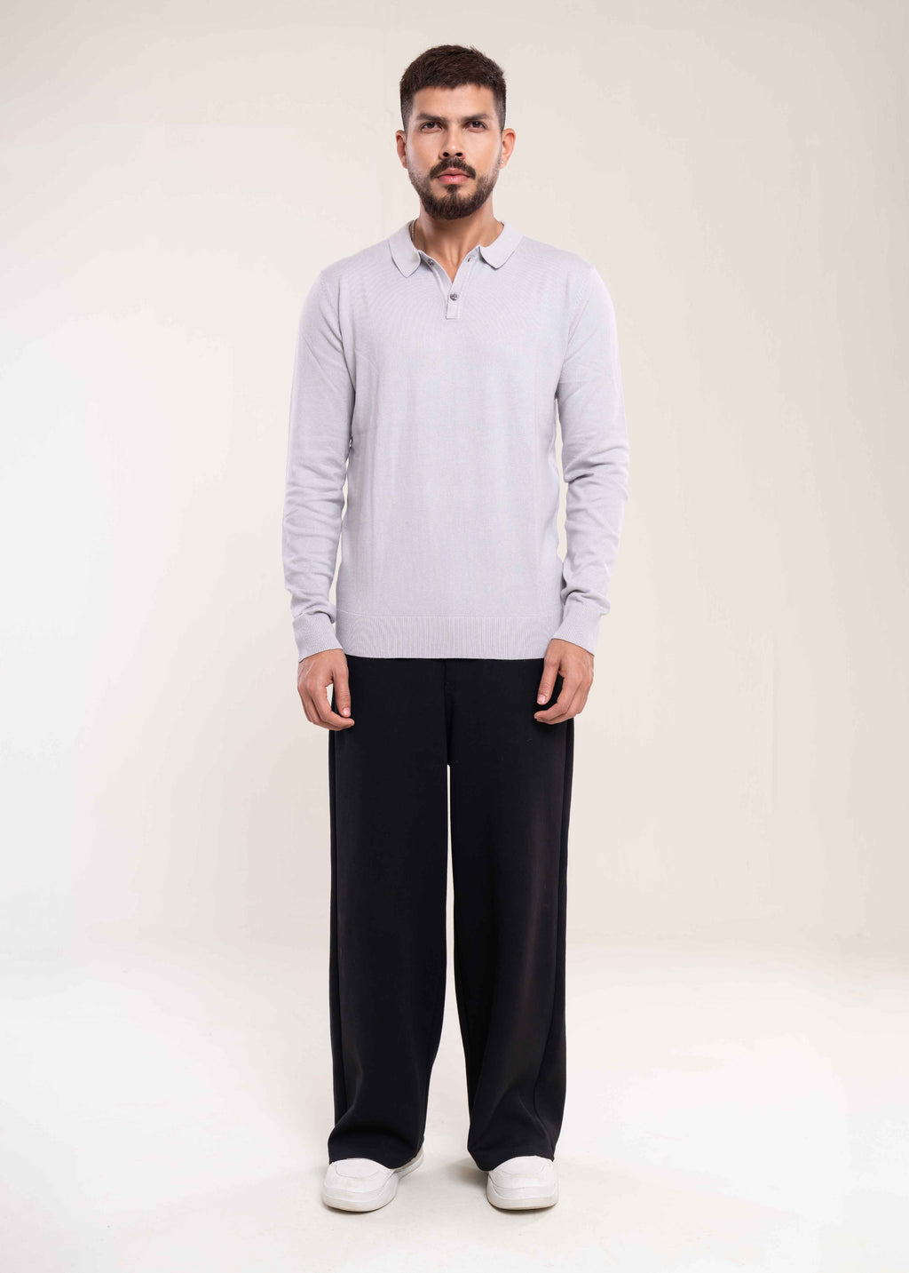 Mens Polo Jumper Long Sleeve Grey Polo - Lucca Menswear UK