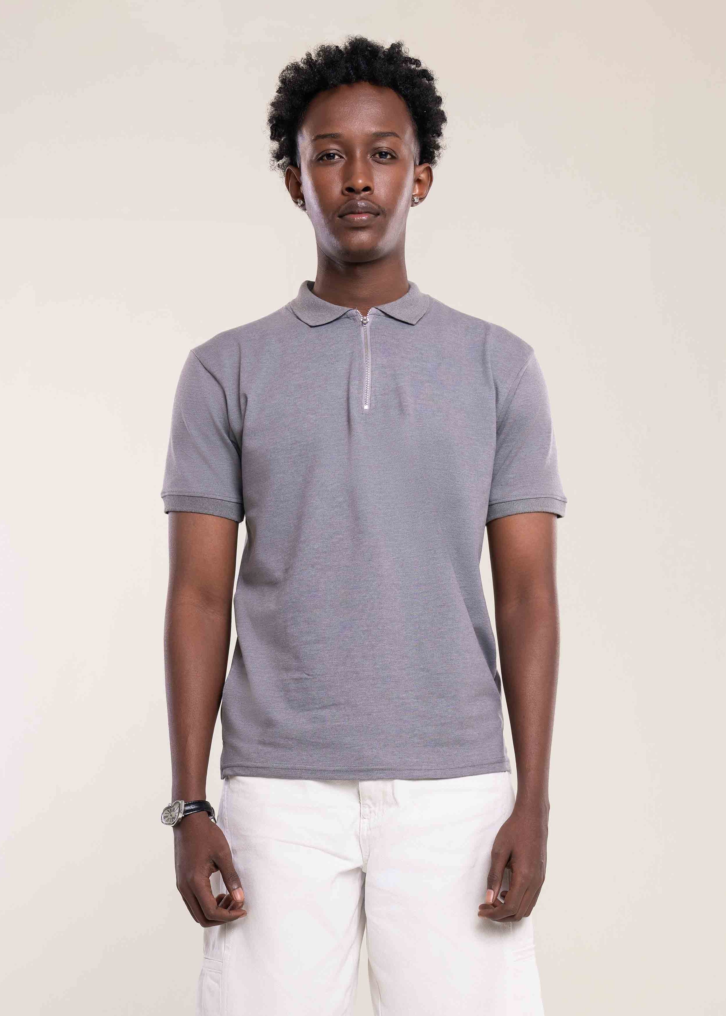 Mens Zip Neck Polo T Shirt Grey - Mens T Shirt - Lucca Menswear UK Main image