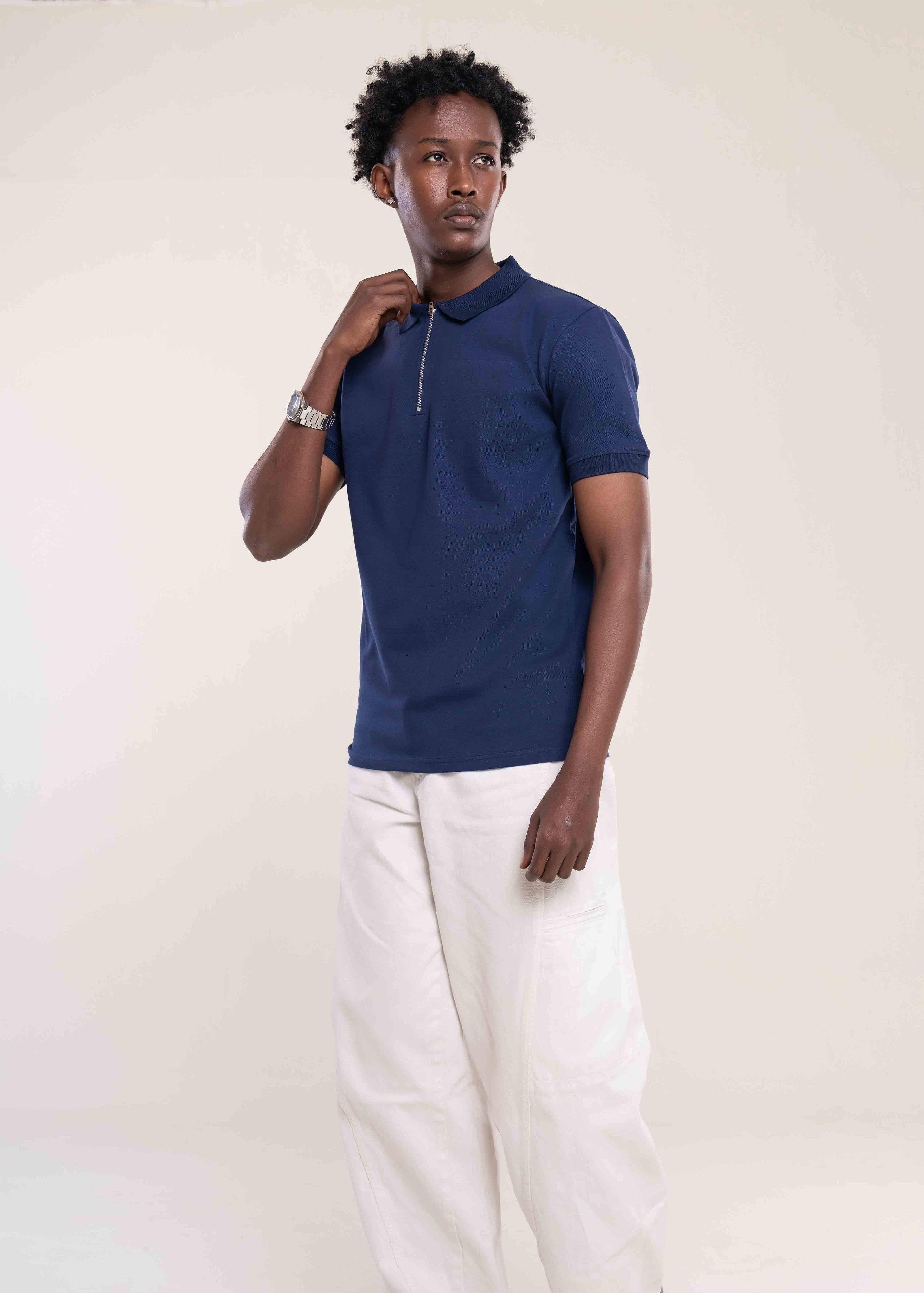 Mens Zip Neck Polo T Shirt Navy - Mens T Shirt - Lucca Menswear UK