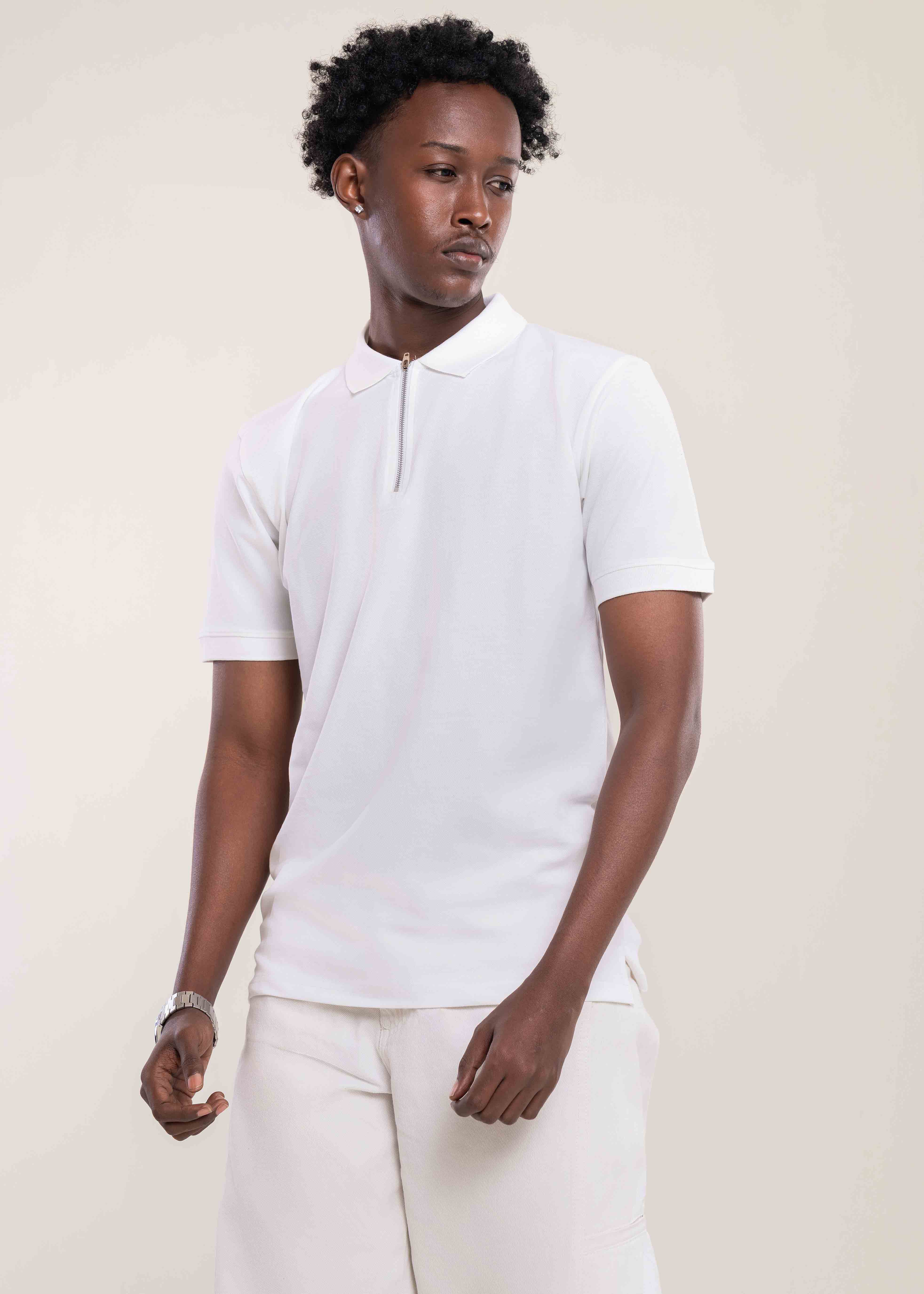 Mens Zip Neck Polo T Shirt White - Lucca Menswear UK Main image