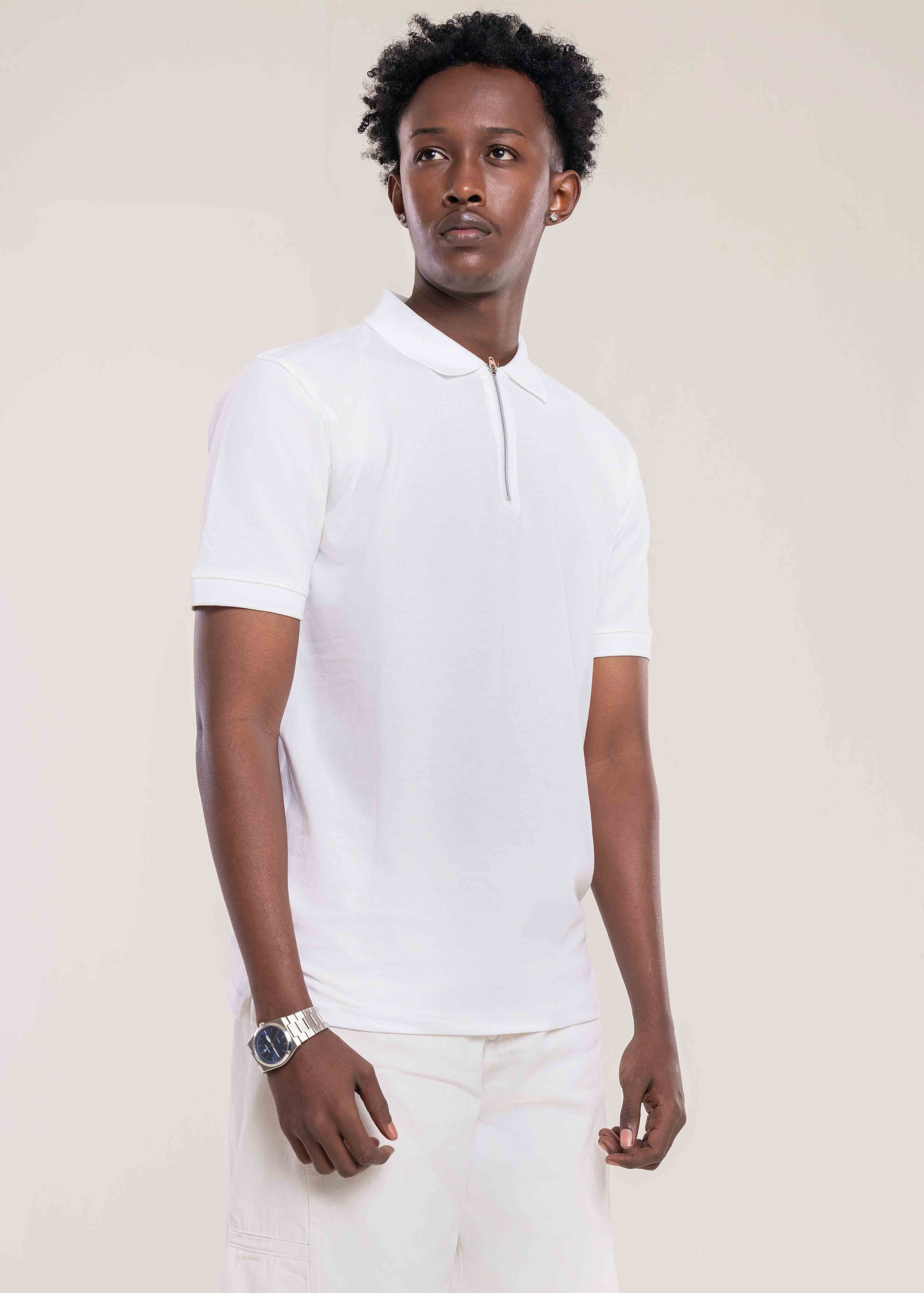 Mens Zip Neck Polo T Shirt White - Lucca Mens Collection UK