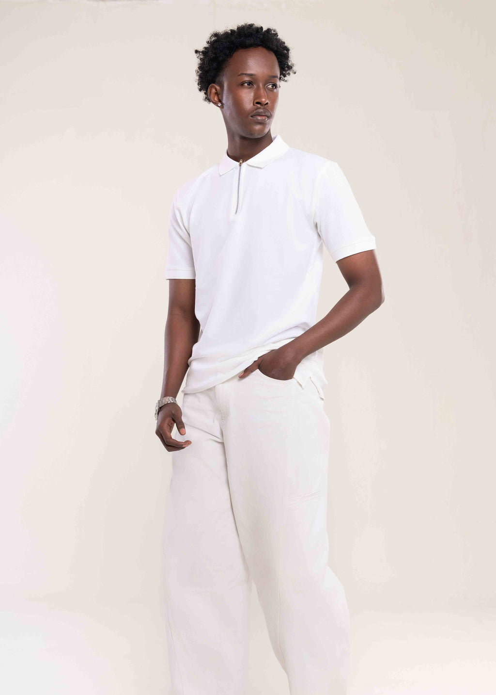 Mens Zip Neck Polo T Shirt White - Mens T Shirt