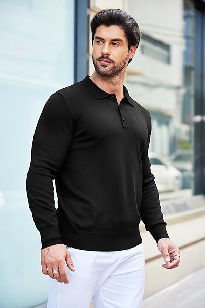 Mens Black Long Sleeve Polo Jumper - Urban Londonn Ltd