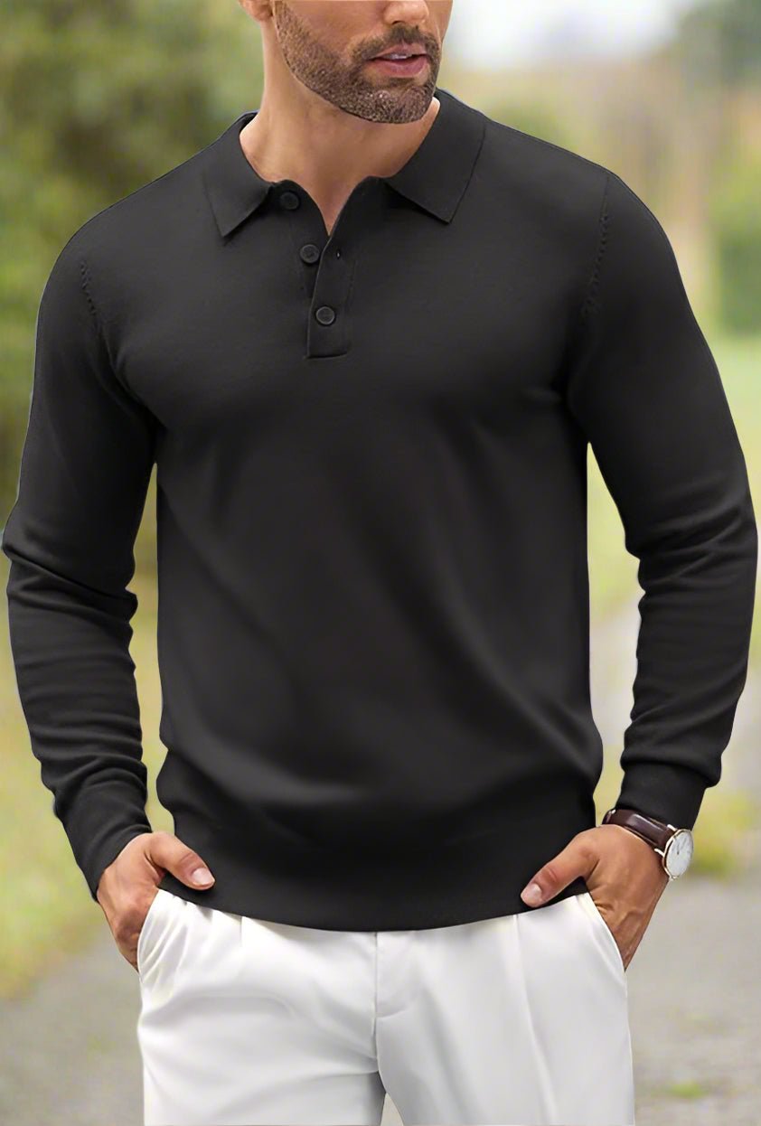Mens Black Long Sleeve Polo Jumper - Urban Londonn Ltd