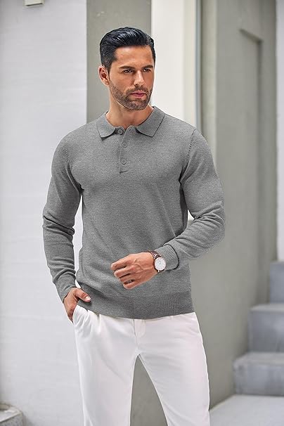 Mens Grey Long Sleeve Polo Jumper - Urban Londonn Ltd