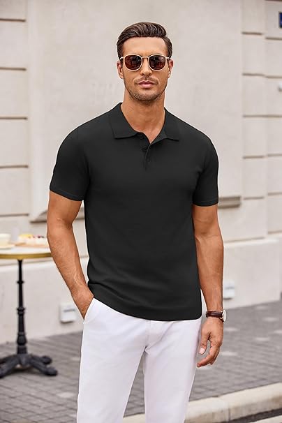 Men's Muscle Fit Knitted Polo T-Shirt In Black - Urban Londonn Ltd