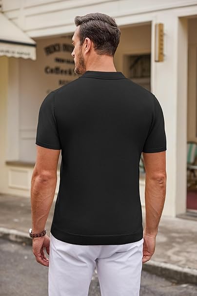 Men's Muscle Fit Knitted Polo T-Shirt In Black - Urban Londonn Ltd