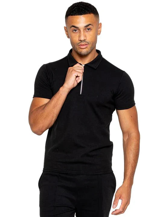 Men's Zip Neck Polo T-Shirt In Black - Urban Londonn Ltd