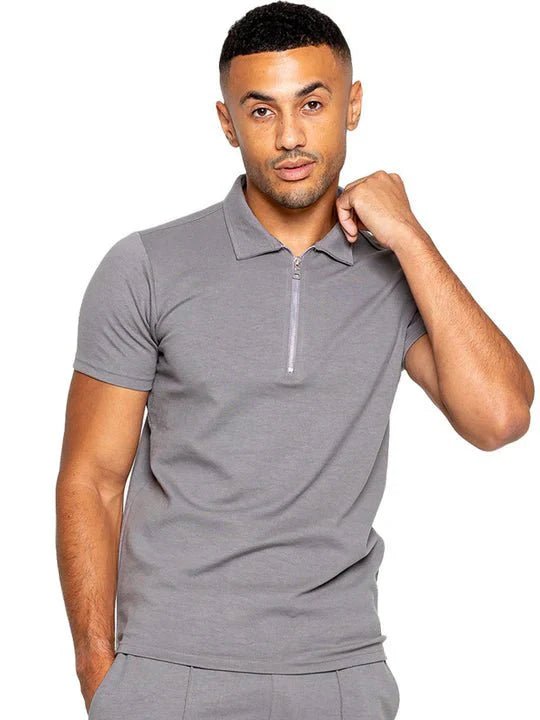 Men's Zip Neck Polo T-Shirt In Grey - Urban Londonn Ltd