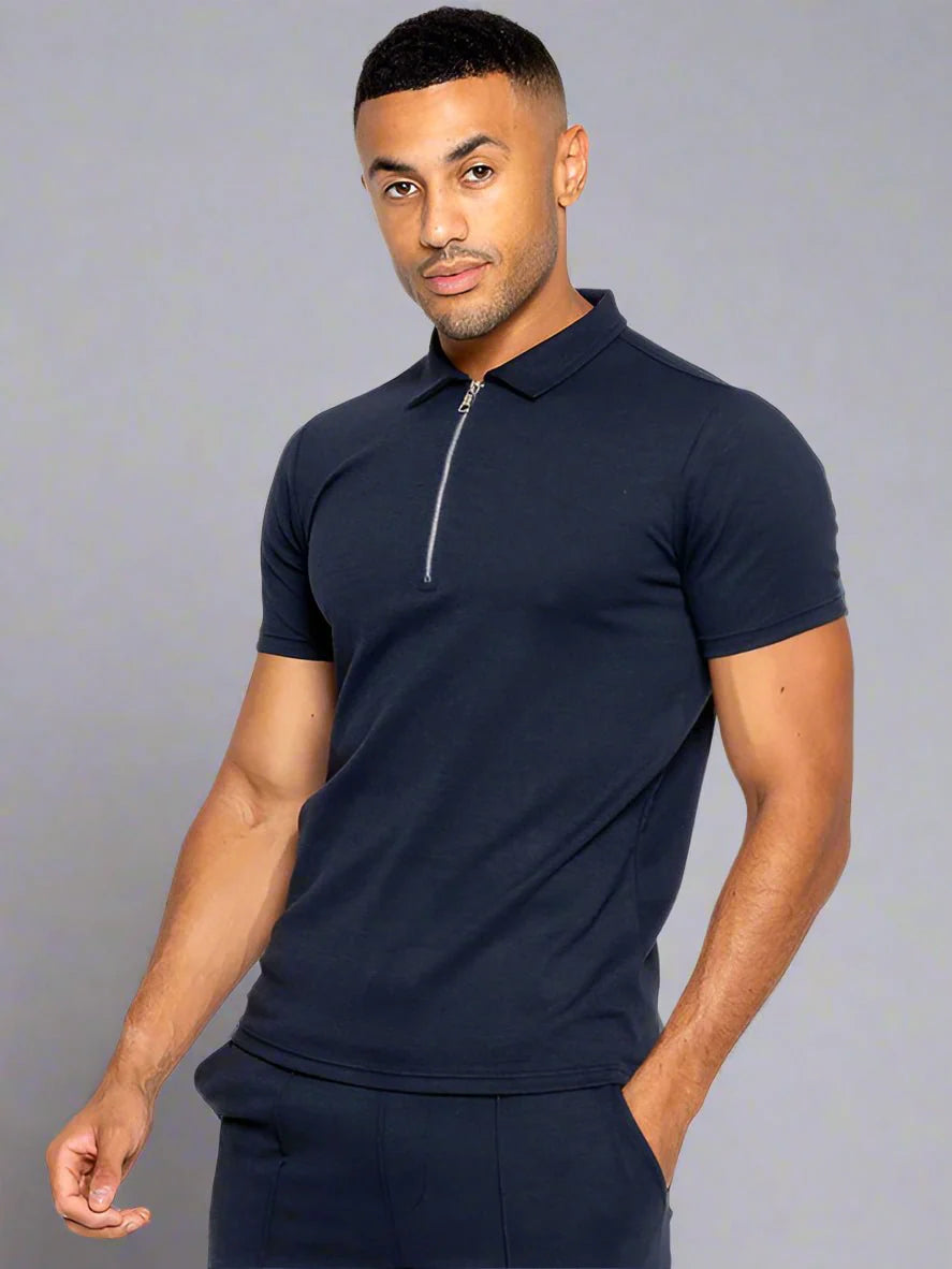 Men's Zip Neck Polo T-Shirt In Navy - Urban Londonn Ltd