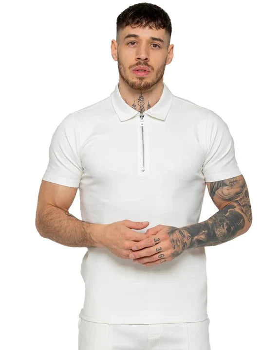 Men's Zip Neck Polo T-Shirt In white - Urban Londonn Ltd